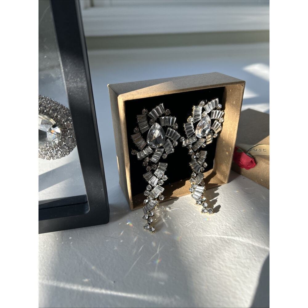 Pageant Prom Earrings Large Rhinestone Crystal Silver Clear Lot Drag Chandelier - Picture 4 of 13